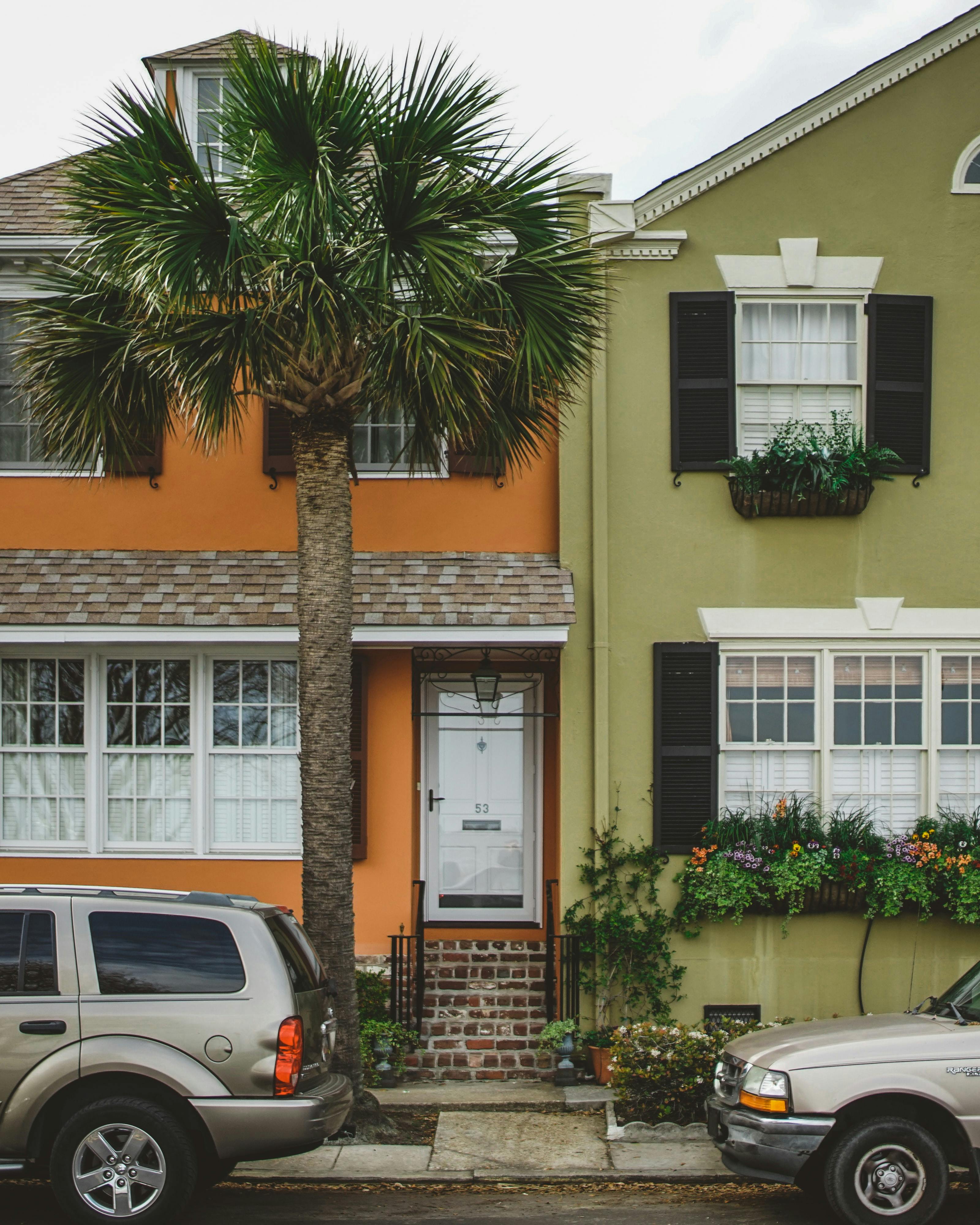 A walkable downtown street with storefronts, trees, and people on foot.